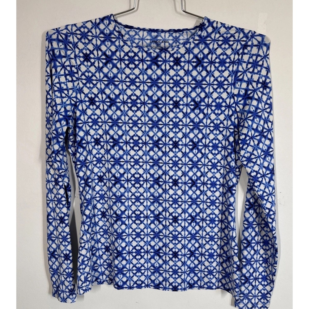 Lands End Rash-guard Swimsuit Top Long Sleeve Womens SL Navy White Water Park